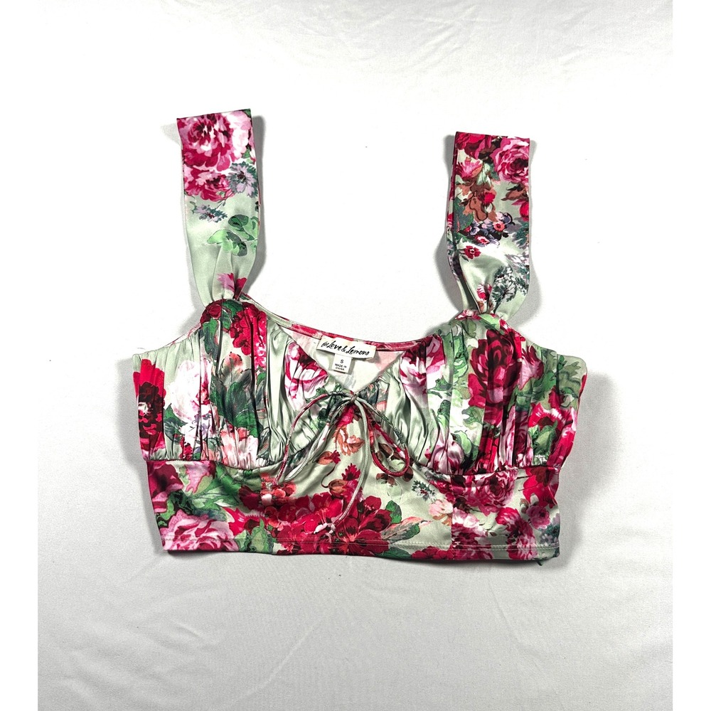For Love & Lemons Floral Crop Top Sage Green Pink Satin Tie Front Bustier Small